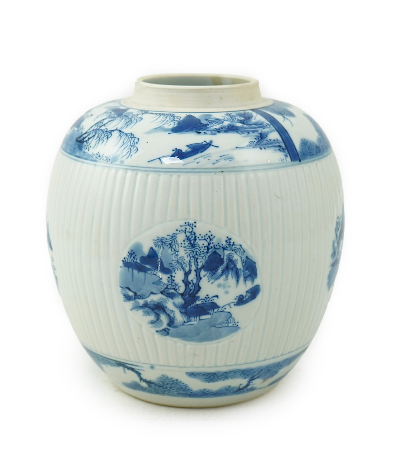 A Chinese blue and white ribbed ovoid jar, in Kangxi style, late 19th/early 20th century